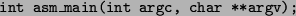 \begin{asmbox}
\mbox{\tt int asm\_main(int argc, char **argv);}
\end{asmbox}